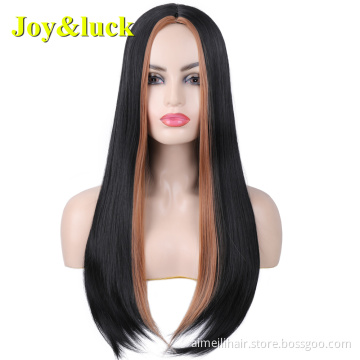 Wholesale Price Wig For Women Daily Life Or Party Middle Part Long Natural Straight Black Highlight Brown Synthetic Hair Wigs